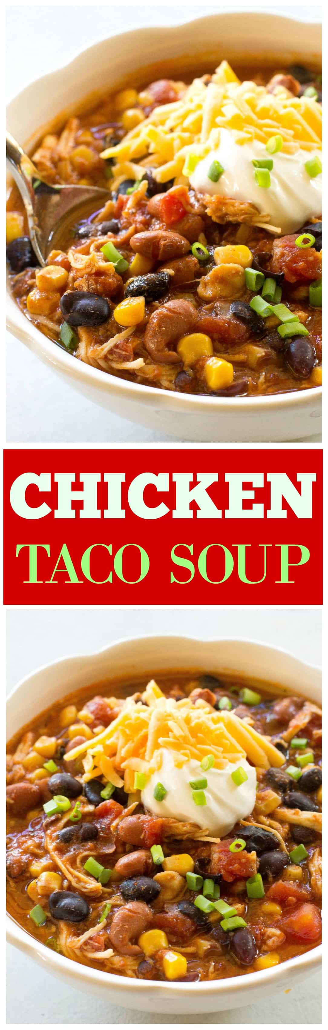Easy Chicken Taco Soup - spicy and warm for a cold night! One of our favorite crockpot meals that can be made in the slow cooker or on the stove top. Some people call this 7 can chicken taco soup. #chicken #taco #soup #slowcooker #crockpot #dinner #recipe
