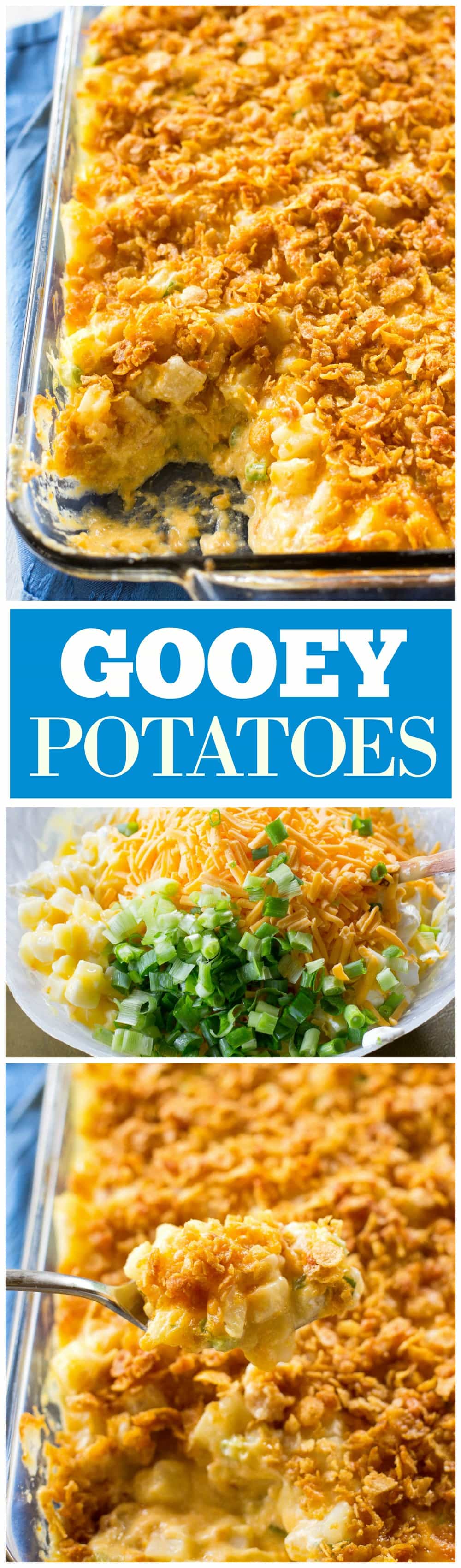 Gooey Potatoes - creamy, cheesy potatoes topped with buttery crunchy cornflakes. Some people call these funeral potatoes but this name is much less morbid. #funeral #potatoes #casserole #sidedish #thanksgiving #easter #recipe