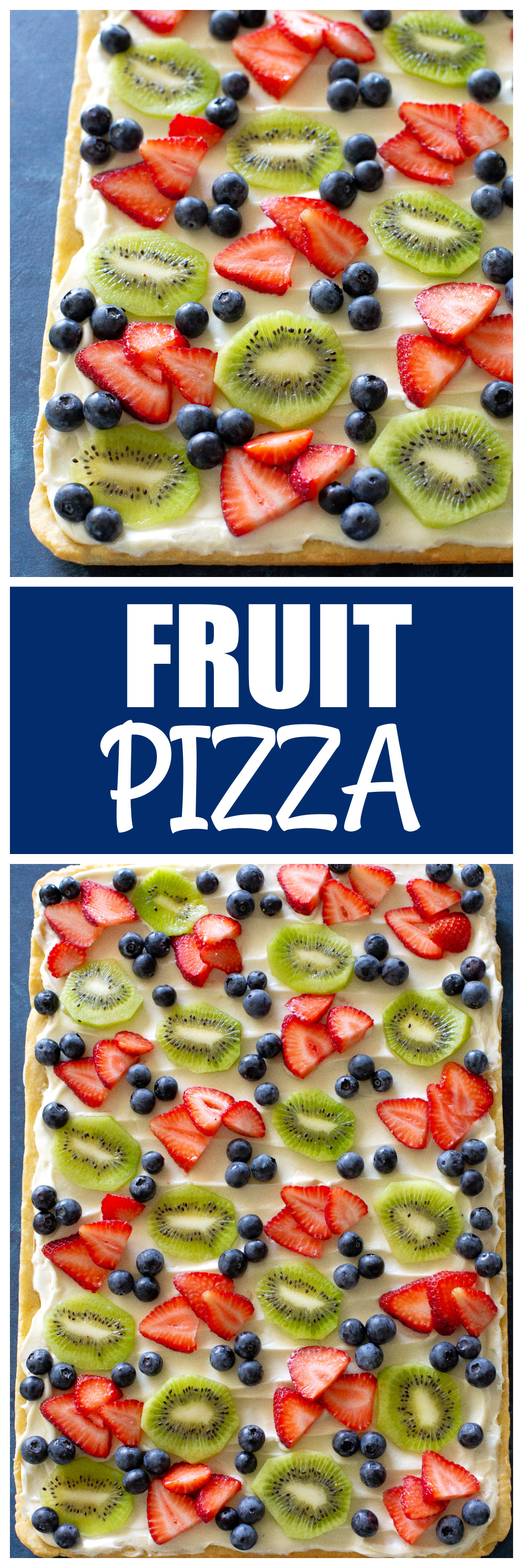 Fruit Pizza is a delicious dessert for a potluck. It starts with a sugar cookie base and a cream cheese frosting topped with assorted fruit. #fruit #pizza #dessert #recipe