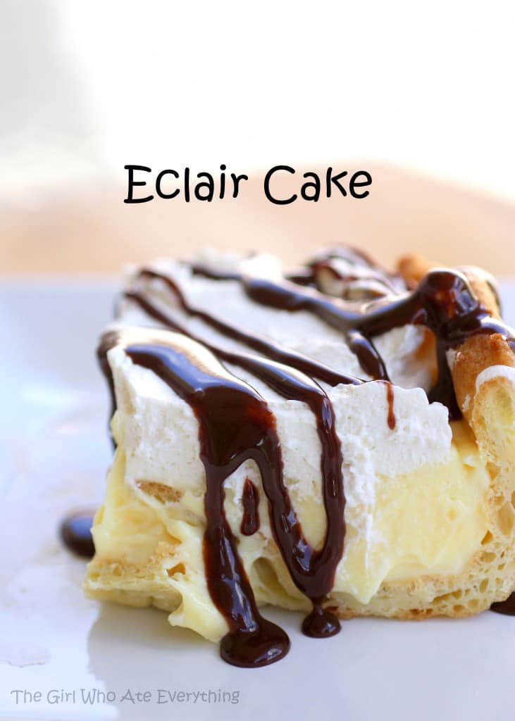 This Chocolate Eclair Cake has a cream puff crust, vanilla cream cheese layer, whipped cream, and a chocolate drizzle. It's all the flavors of an eclair in cake form. the-girl-who-ate-everything.com