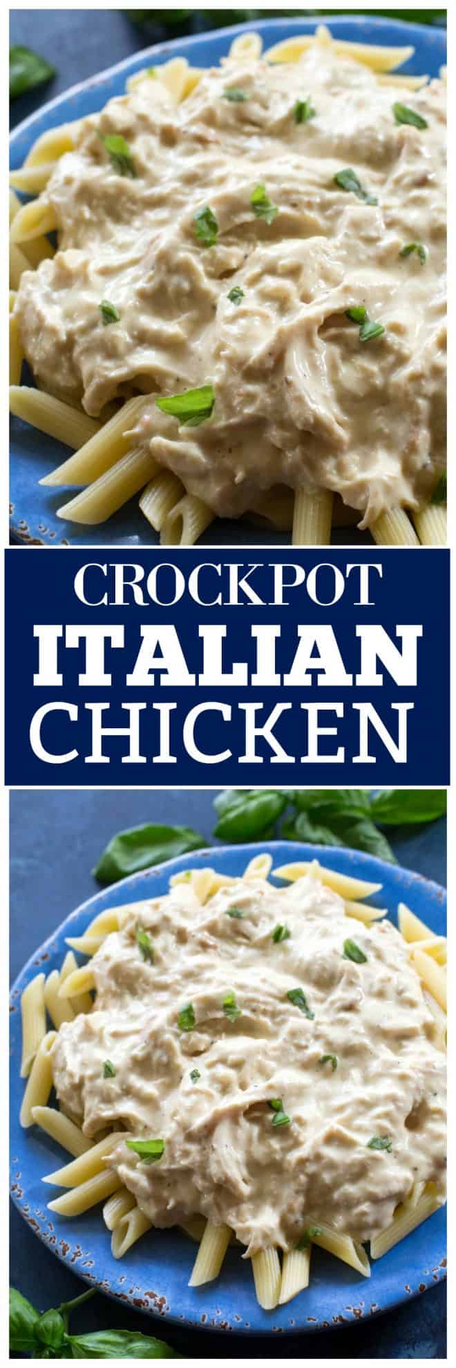 This Crockpot Italian Chicken is one of my family favorites. Everything is thrown in the slow cooker for an easy, creamy, tasty dinner. It's tender and topped with a creamy Italian flavored dressing. Serve over pasta or rice! #crockpot #italian #chicken #recipe #dinner #slowcooker