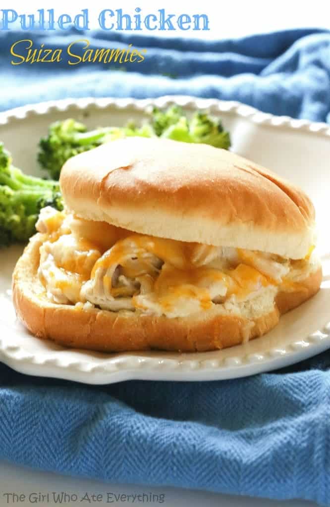 These Pulled Chicken Suiza Sammies are great for a weeknight meal. Packed full of flavor and on the table in less than 15 minutes. the-girl-who-ate-everything.com