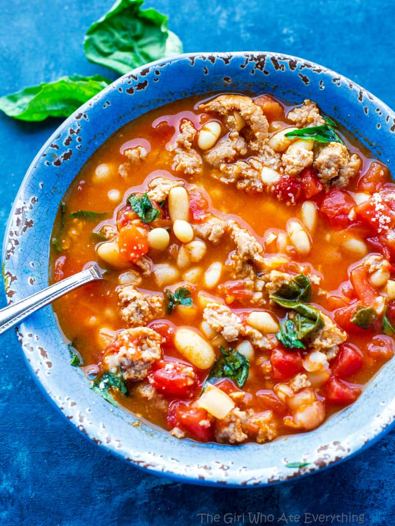This White Bean and Sausage Soup is from my friend Steph only has six ingredients and has spicy sausage, basil, tomatoes, and beans!
