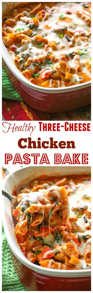 Healthy Three Cheese Penne - only 460 calories per serving which is 1/4 of this dish! #healthy #cheese #pasta #dinner #recipe #bake