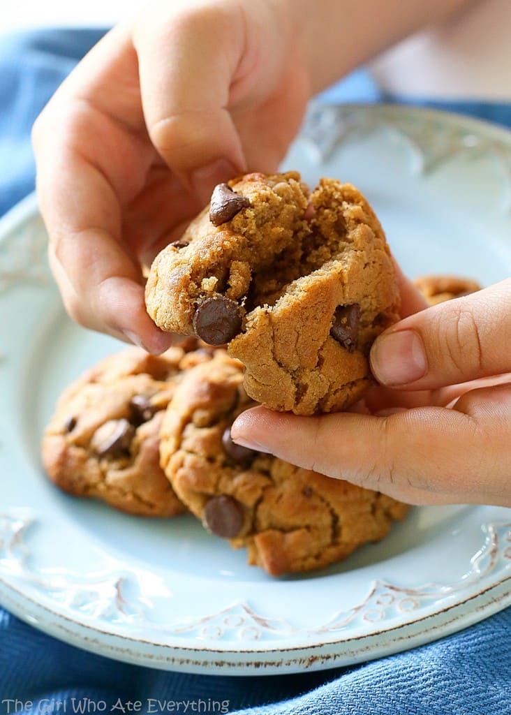 Flourless Peanut Butter Chocolate Chip Cookies - only a few ingredients and gluten free! the-girl-who-ate-everything.com