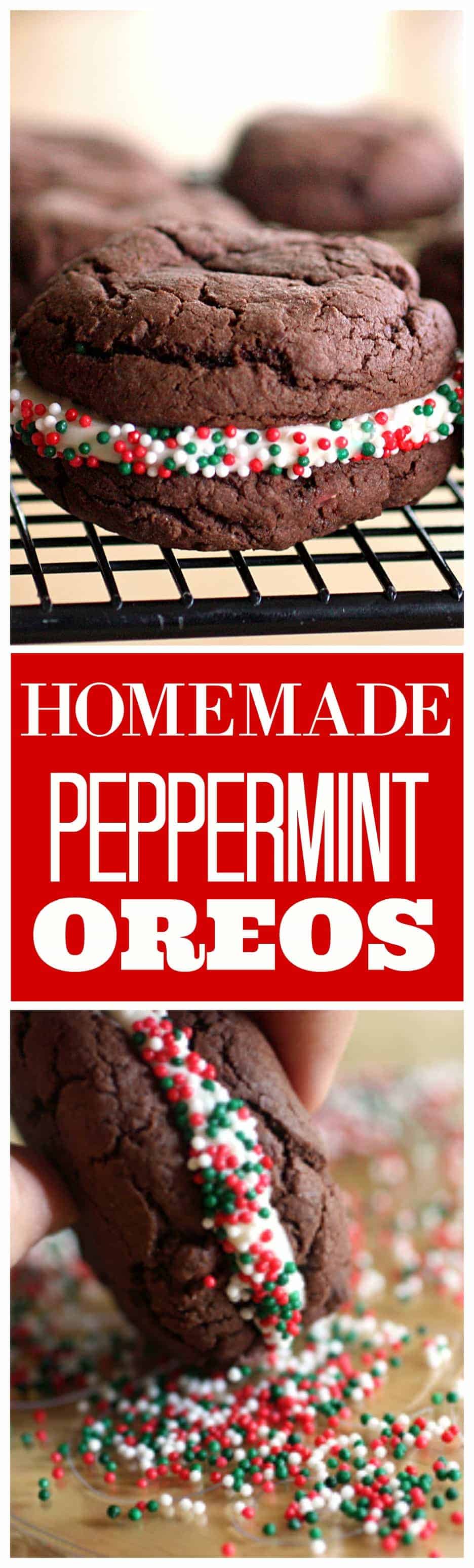 Homemade Peppermint Oreos - soft chocolate cookies with a peppermint cream cheese frosting. Great for Christmas cookie plates. #christmas #homemade #peppermint #oreos #cookies #recipe