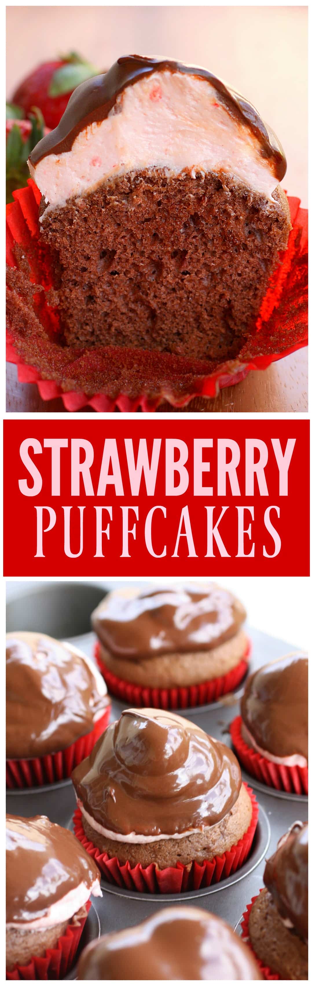 Strawberry Puffcakes - chocolate cupcakes topped with strawberry cream and dipped in chocolate. #chocolate #dessert #cupcakes #recipe #strawberry