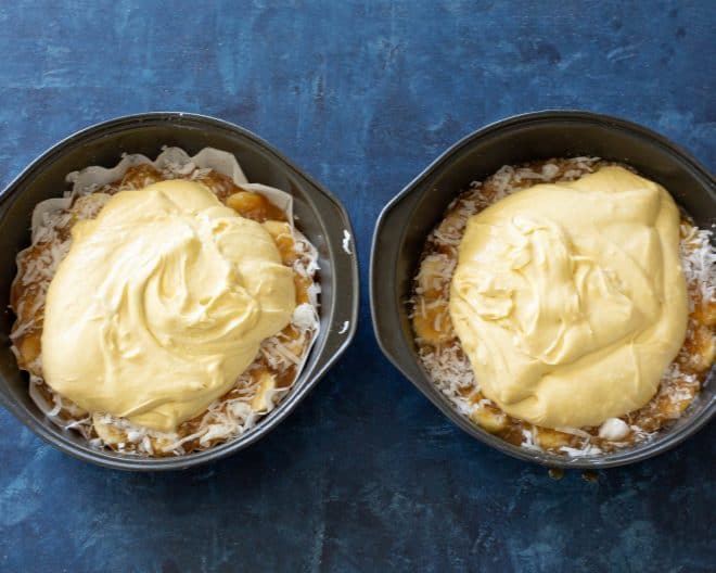 cake batter on top of bananas