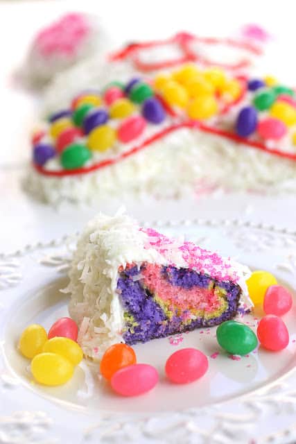 Easter Bunny Cake Slice on a plate with jellybeans