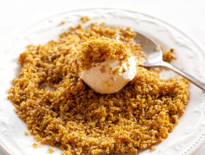 cornflakes and ice cream on a plate