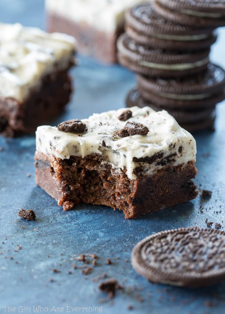 Cookies and Cream Brownies - rich chocolate brownies with a creamy Oreo frosting. the-girl-who-ate-everything.com