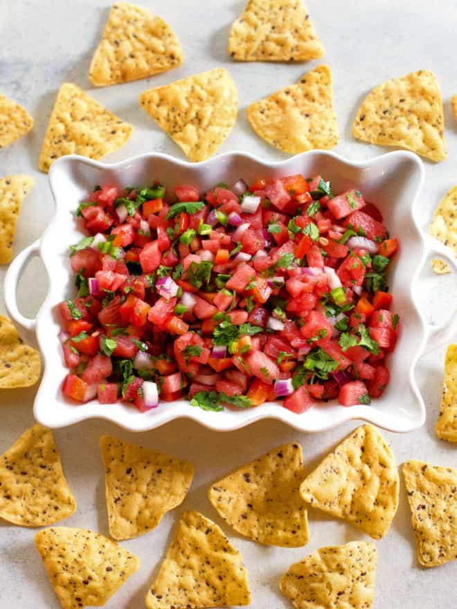 watermelon salsa in a bowl with tortilla chips