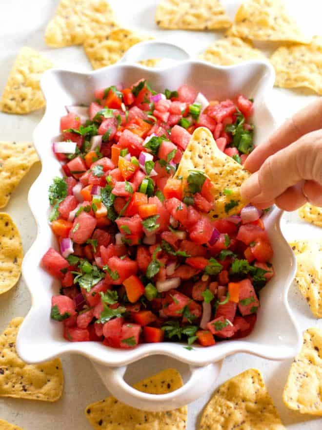 watermelon salsa in a bowl with tortilla chips