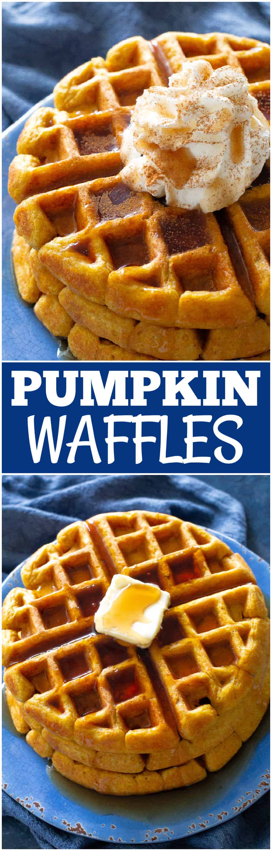 pumpkin waffles with whipped cream on a blue plate