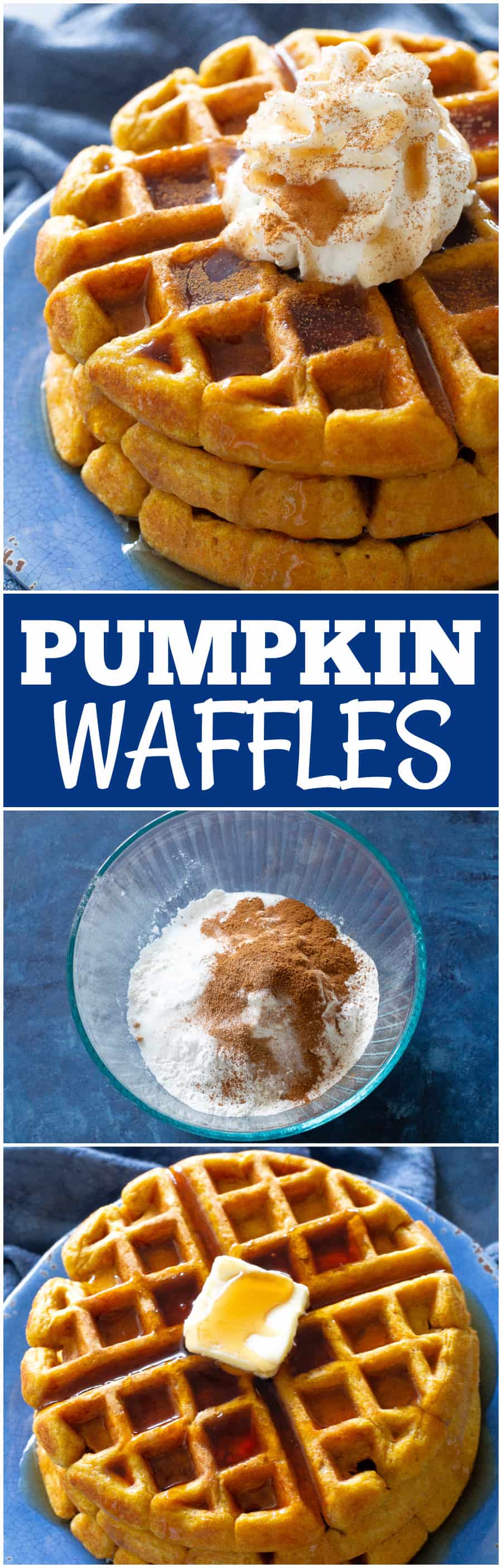 pumpkin waffles with whipped cream on a blue plate
