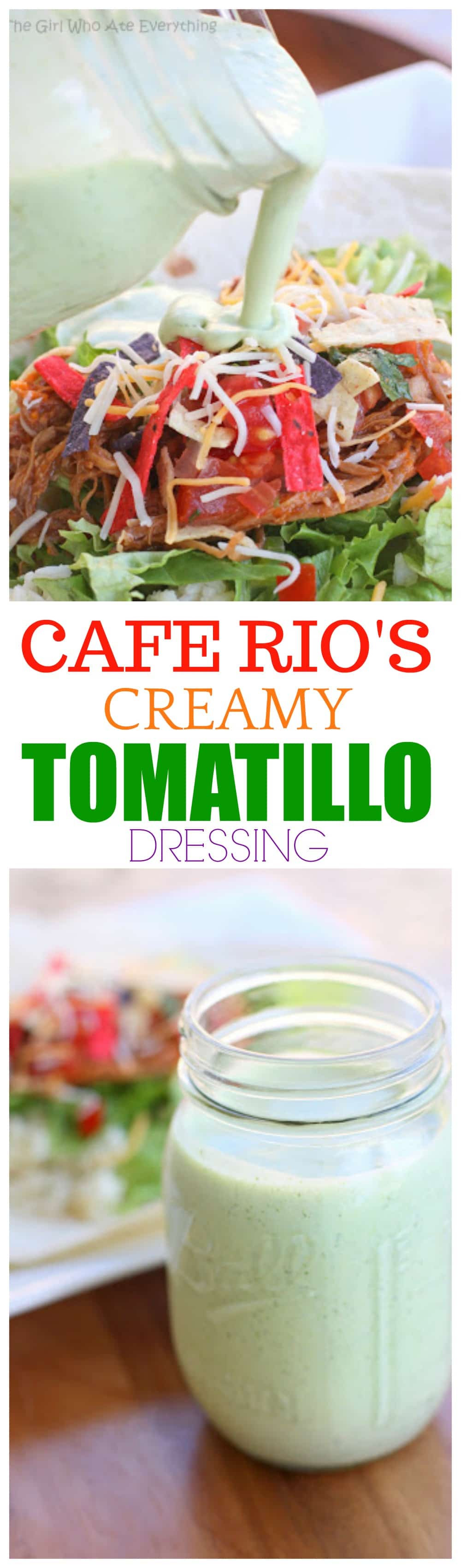 This version of Cafe Rio's Creamy Tomatillo Dressing is as close as it gets. I've made this 100 times and would drink it if I could but I usually pour it over salad, tacos, and burritos. #mexican #cafe #rio #creamy #tomatillo #dressing #recipe #salad