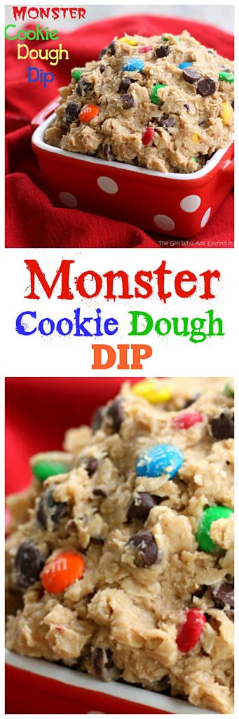 Monster Cookie Dough Dip - peanut butter, chocolate chips, m&ms, oats all in a dip. I've eaten a whole bowl by myself. #monster #cookie #dough #dip #halloween #recipe