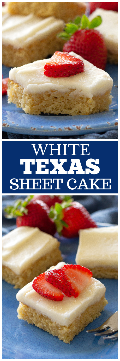 White Texas Sheet Cake is a great cake for feeding a crowd. Buttery, moist, and covered in an almond flavored frosting, this cake is a tried and true recipe. #white #texas #sheet #cake #recipe