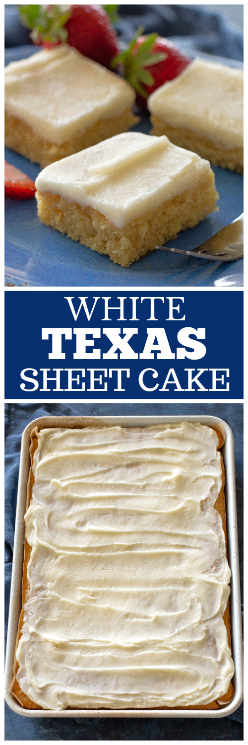 White Texas Sheet Cake is a great cake for feeding a crowd. Buttery, moist, and covered in an almond flavored frosting, this cake is a tried and true recipe. #white #texas #sheet #cake #recipe