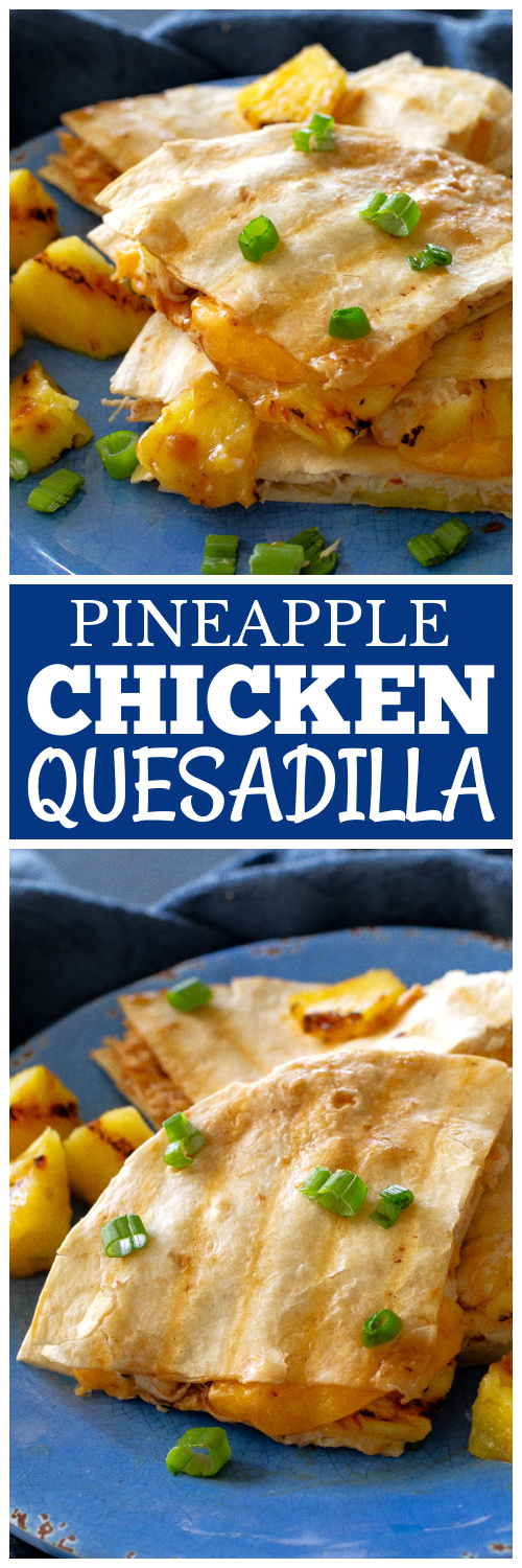 Grilled Pineapple and Chicken Quesadillas are easy and delicious dinner! Chicken, cheese, and little barbecue sauce. #quesadilla