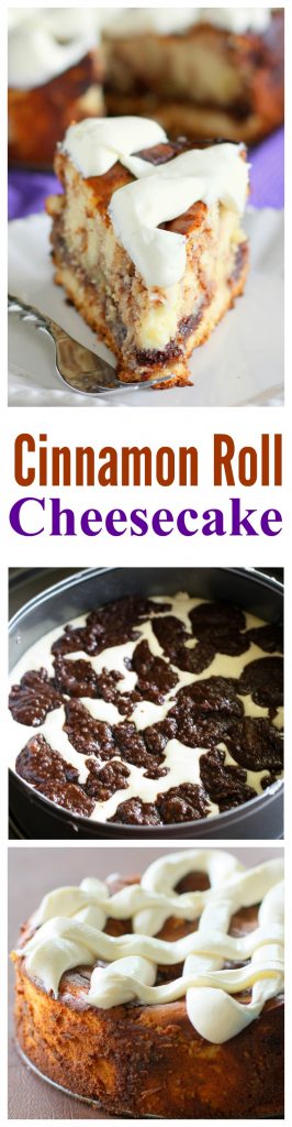 Cinnamon Roll Cheesecake - cinnamon roll batter swirled throughout cheesecake. One of my favorite recipes ever. #cinnamon #roll #cheesecake #recipe #dessert 