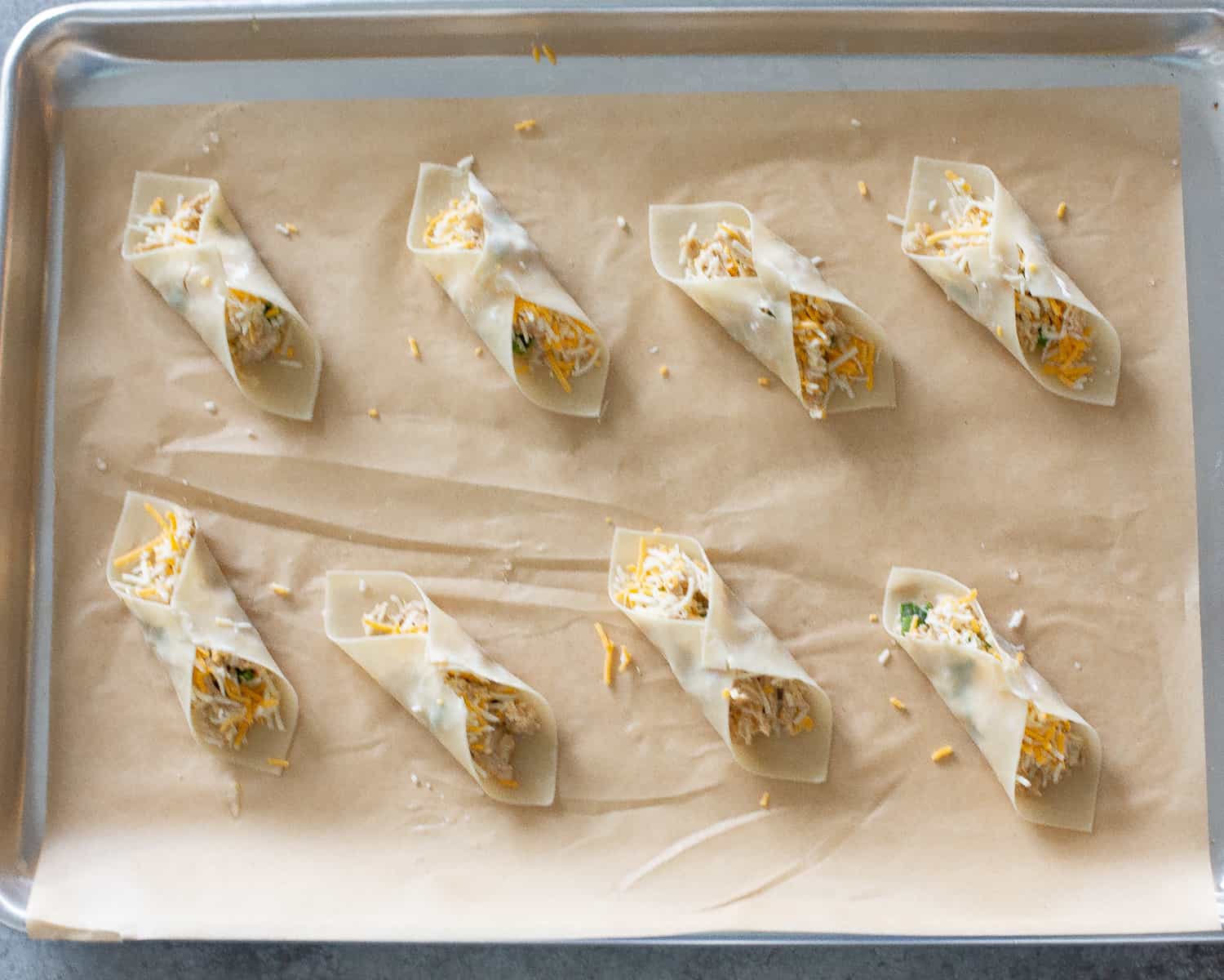 wonton tacos on a cookie sheet