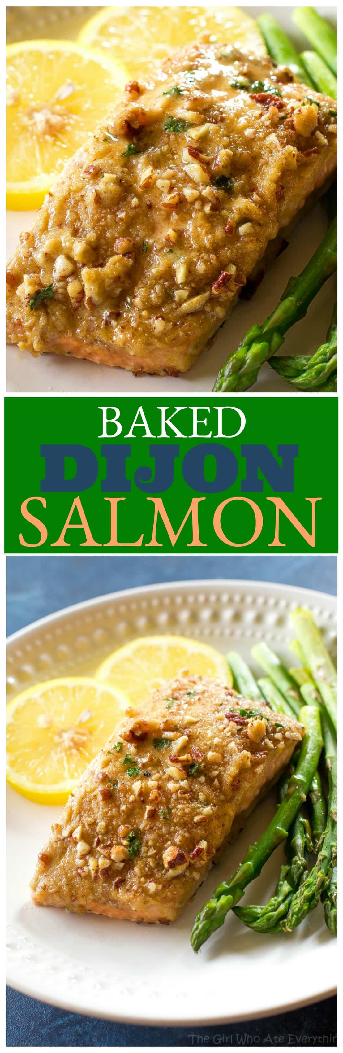 Baked Dijon Salmon - salmon topped with honey, dijon mustard, pecans, and breadcrumbs. An easy weeknight dinner. #baked #dijon #salmon #recipe
