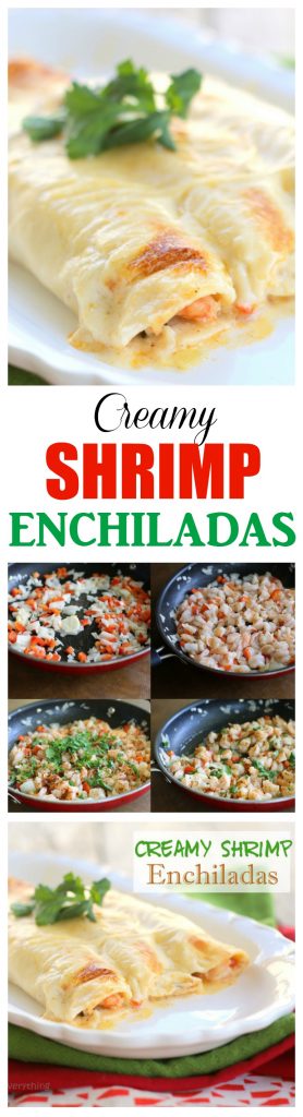 Creamy Shrimp Enchiladas - filled with veggies and shrimp and covered with a rich, creamy sauce. #shrimp #enchiladas #mexican #dinner #recipe