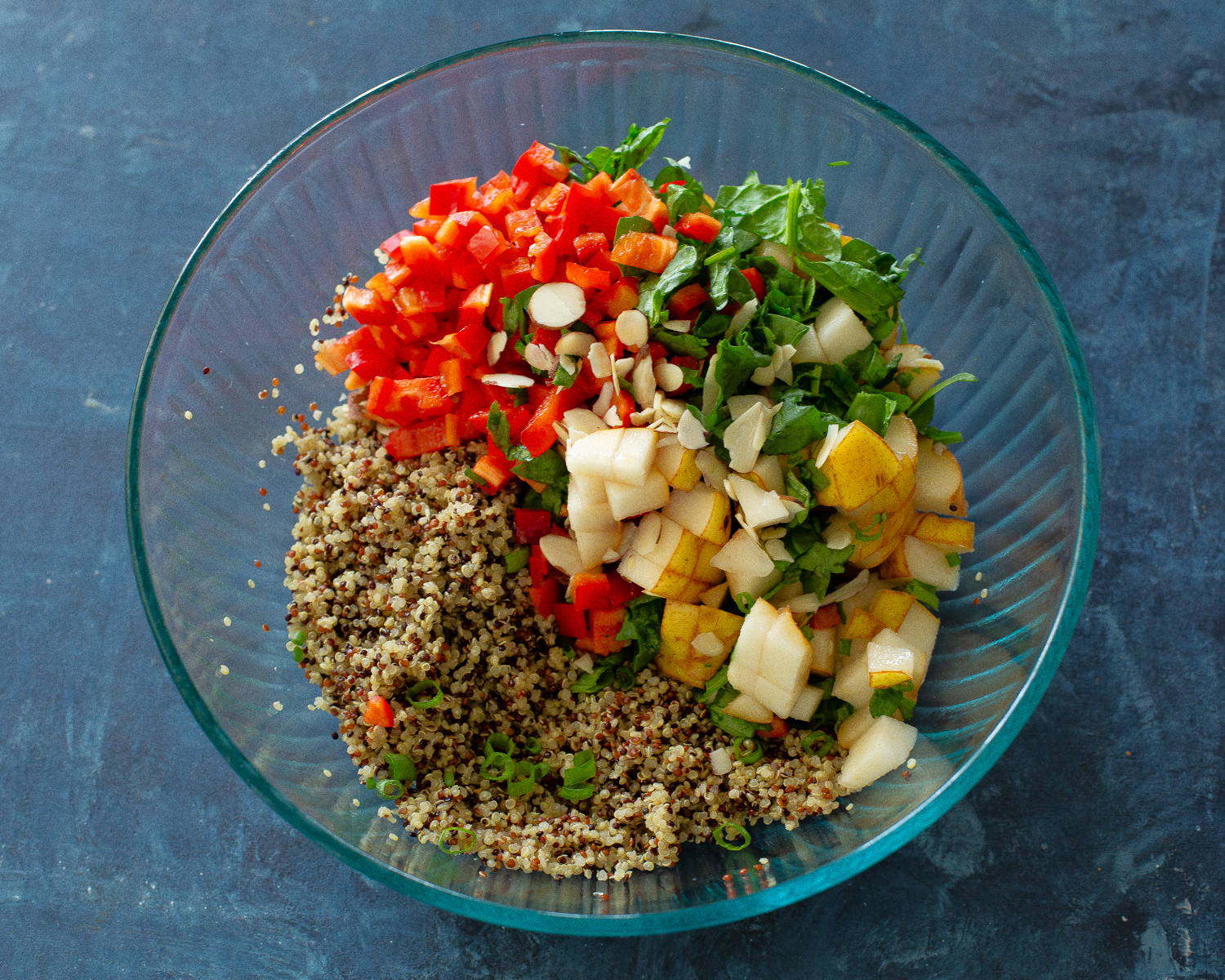 pear, almonds, bell pepper, and spinach and quinoa