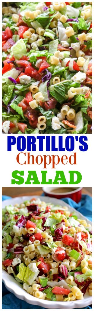 This Portillo's Chopped Salad is a knock off from the famous salad recipe at Portillo's in Chicago. It's hearty and topped with the tastiest dressing. This Portillo's Chopped Salad has bacon, tomato, Gorgonzola cheese and even little bits of pasta throughout! #portillos #chopped #salad #recipe