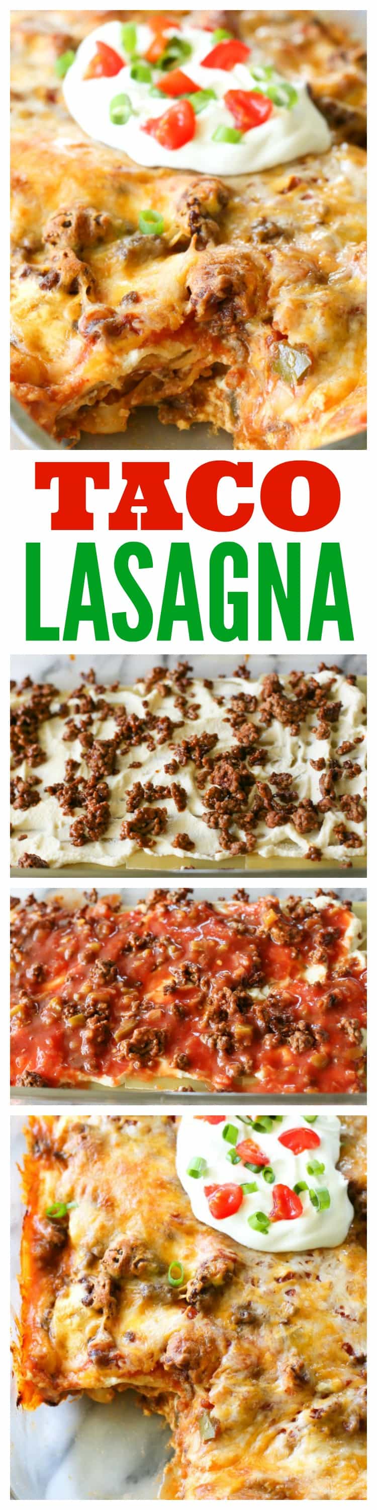 Taco Lasagna - Layers of lasagna noodles, salsa, taco meat, and cheese. Comfort food at its best! #taco #lasagna #mexican #italian #dinner #recipe