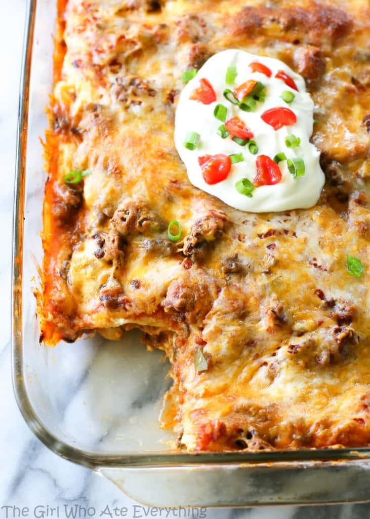 Taco Lasagna in a casserole dish