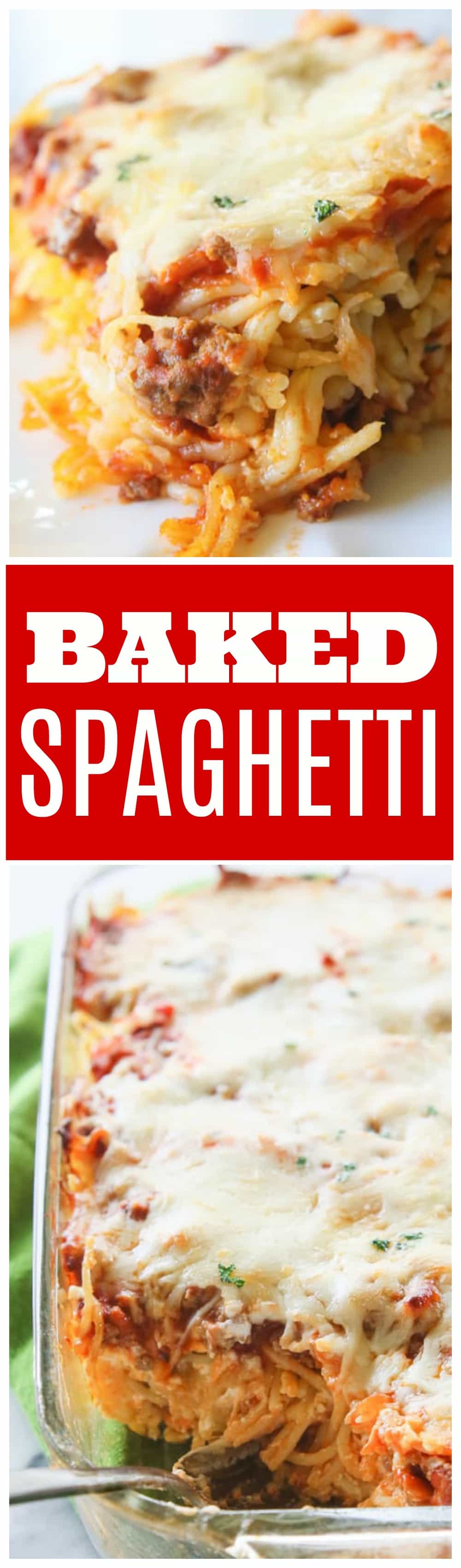 This Baked Spaghetti is a dressed up version of spaghetti perfect for a potluck or for bringing in to a family for dinner. #baked #spaghetti #italian #dinner #recipe