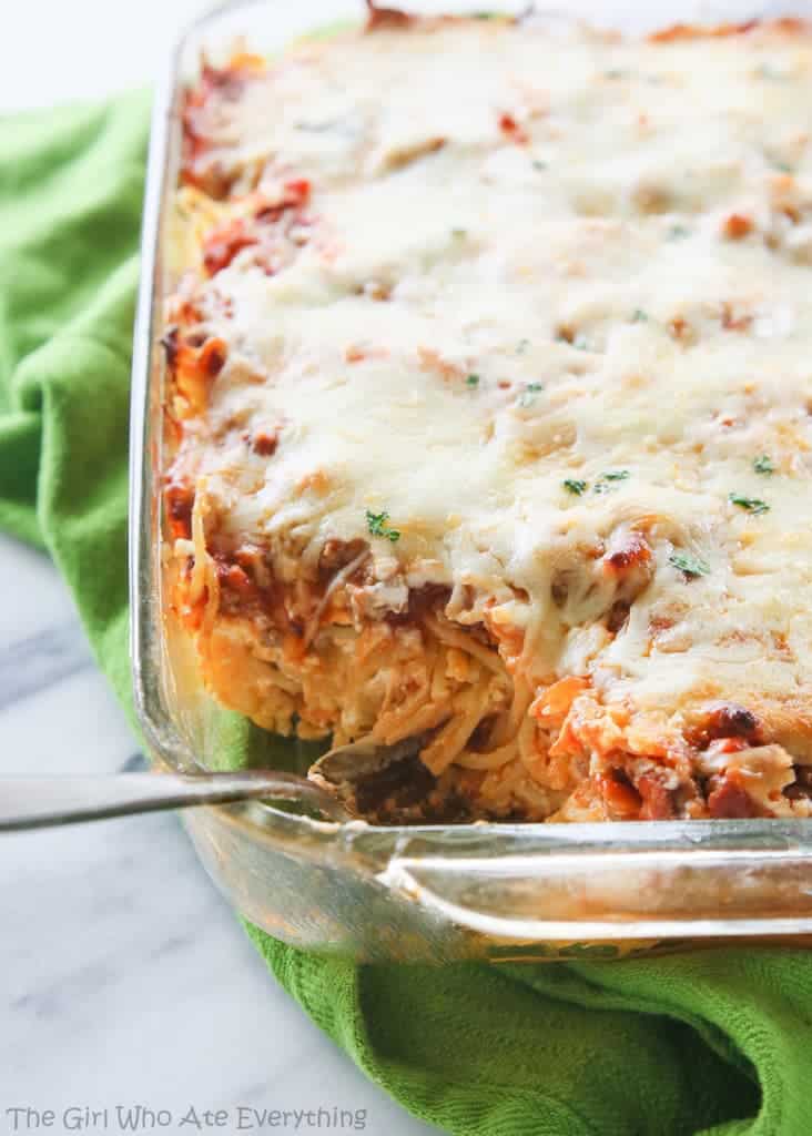 Baked Spaghetti with Meat Sauce in a casserole