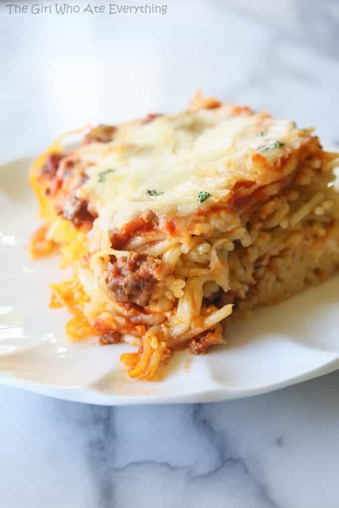 Baked Spaghetti with Meat Sauce in a casserole