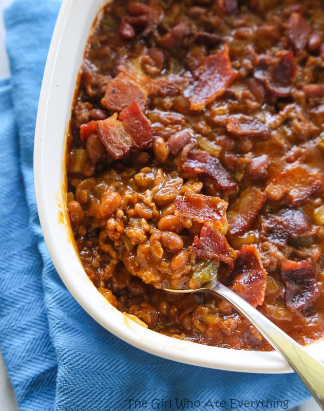 baked beans in a white dish