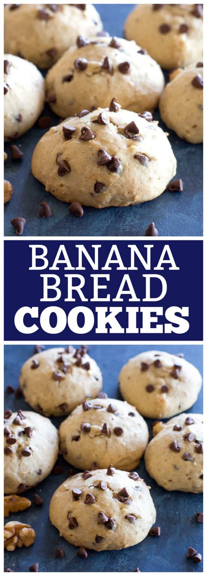 These Banana Bread Cookies are moist cake-like browned butter banana cookies with mini chocolate chips and nuts that taste just like banana bread. #banana #bread #cookies #dessert