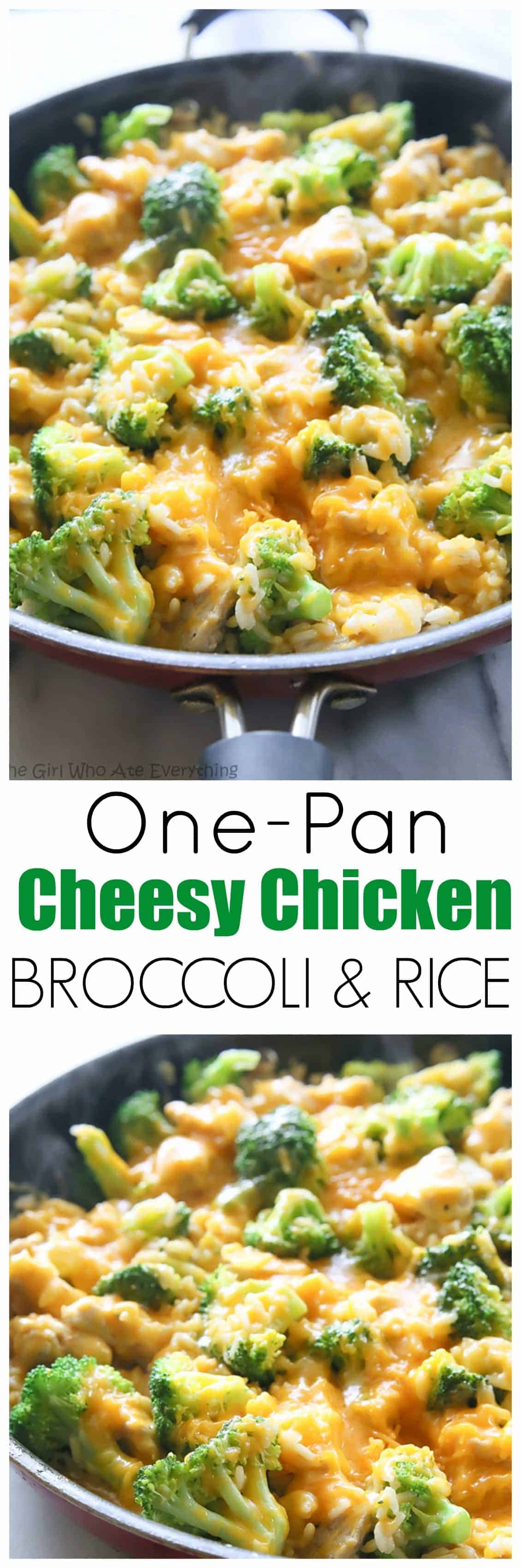 One-Pan Cheesy Chicken Broccoli and Rice Skillet - my go-to for an easy dinner. the-girl-who-ate-everything.com
