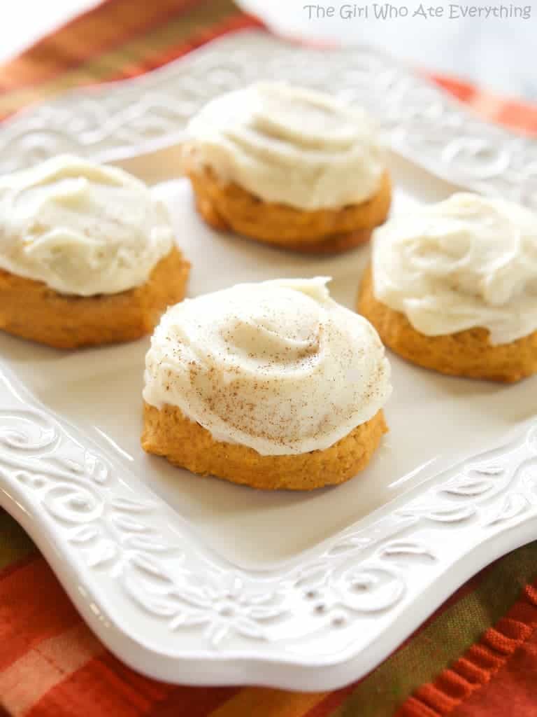 Melt In Your Mouth Pumpkin Cookies - super soft pumpkin cookies with cream cheese frosting. the-girl-who-ate-everything.com