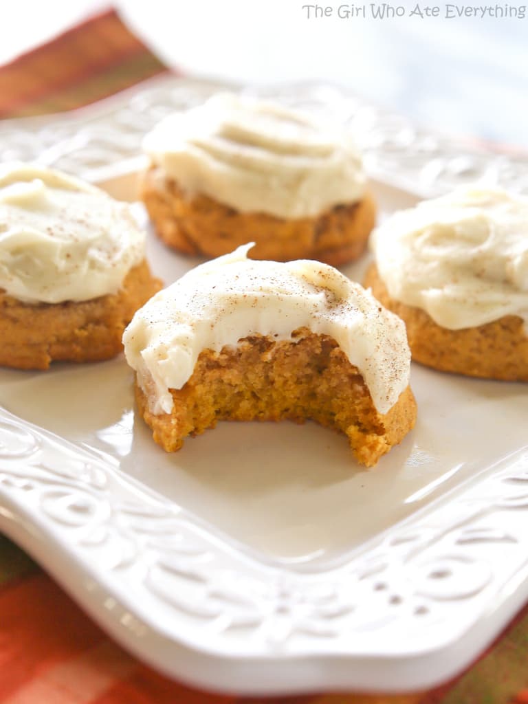 Melt In Your Mouth Pumpkin Cookies - super soft pumpkin cookies with cream cheese frosting. the-girl-who-ate-everything.com
