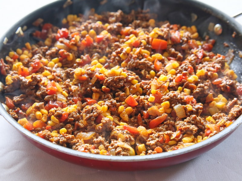 meat, tomatoes, corn, taco seasoning