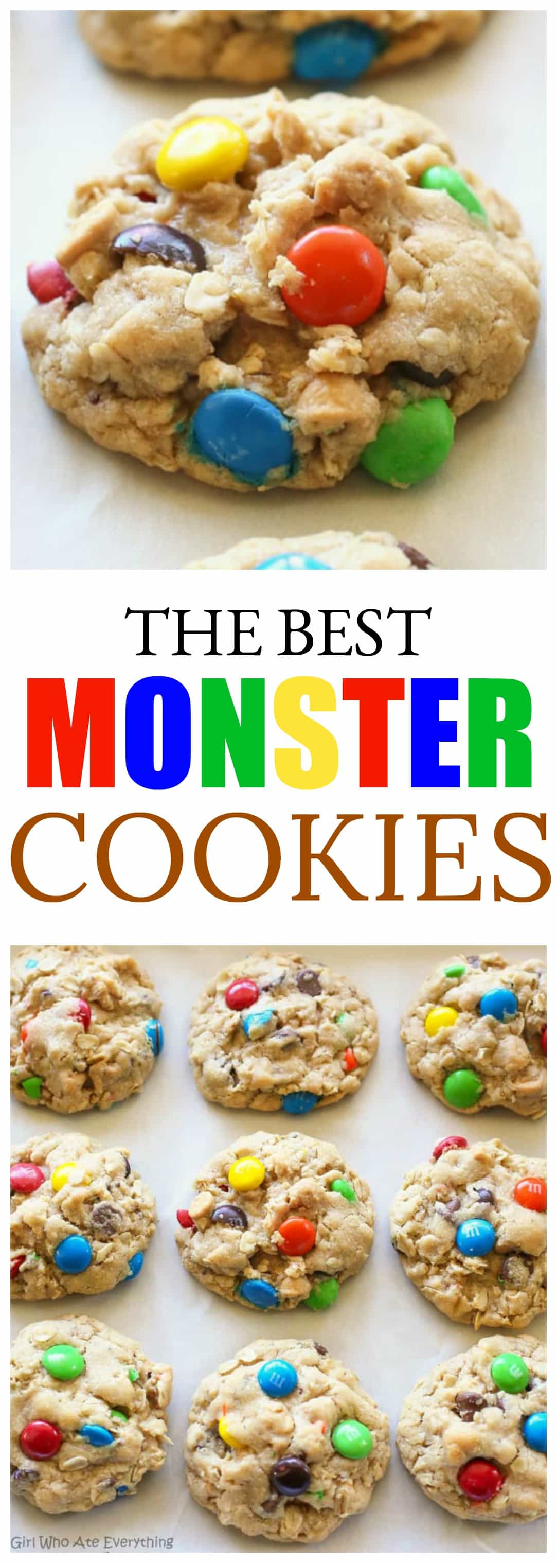 Monster Cookies - these thick, soft cookies are filled with peanut butter, oats, chocolate chips, and M&Ms. #monster #cookies #peanutbutter #recipe #oats #chewy