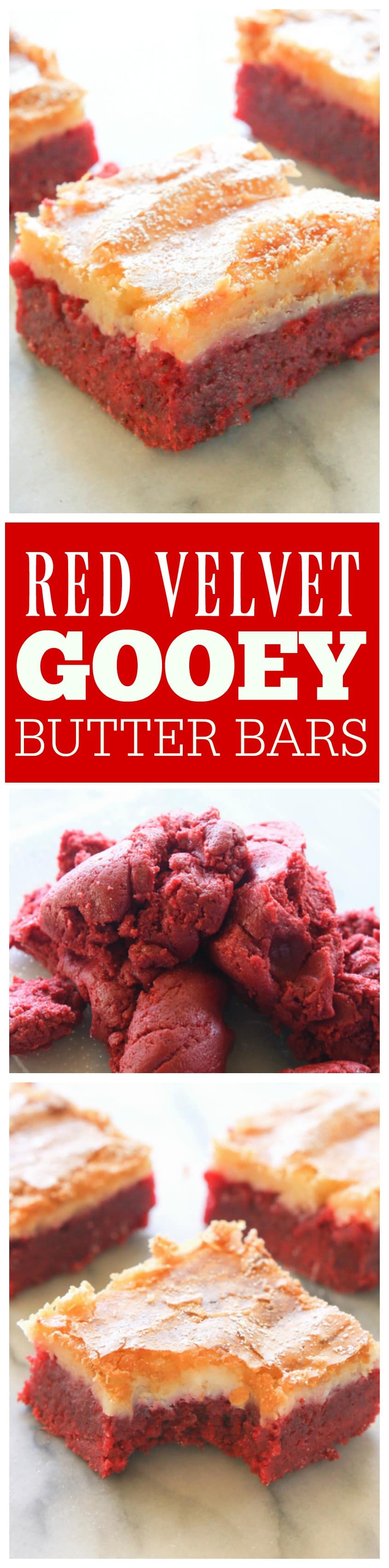 These Red Velvet Gooey Butter Bars are moist red velvet cake topped with a buttery cream cheese layer. Great for Halloween, Christmas, Valentine's Day, or the Fourth of July. #red #velvet #gooey #bars #recipe #dessert