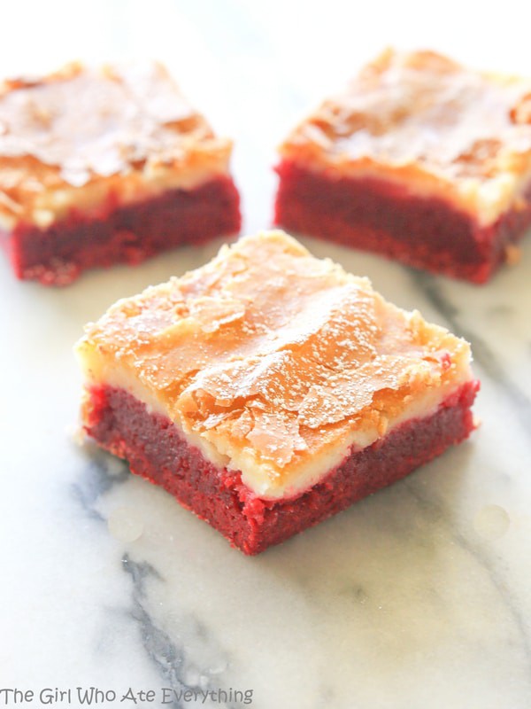 Red Velvet Gooey Butter Bars - The Girl Who Ate Everything