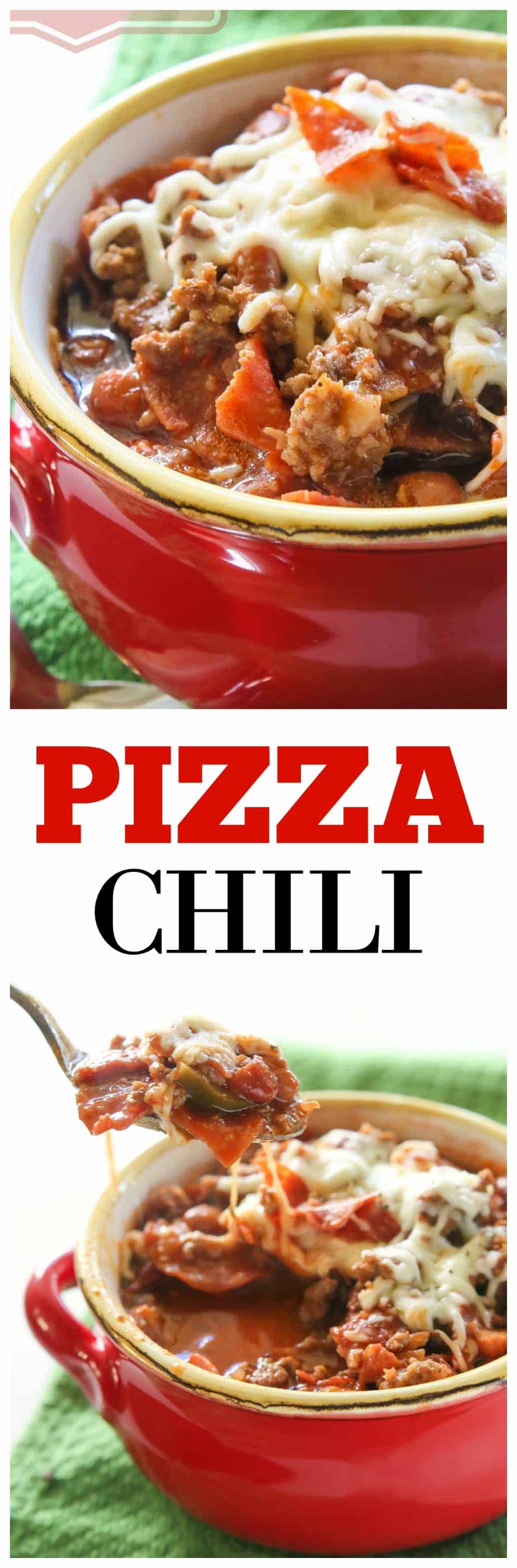 Pizza Chili - beef, sausage, pepperoni, and green peppers simmering in a salsa pizza sauce. the-girl-who-ate-everything.com