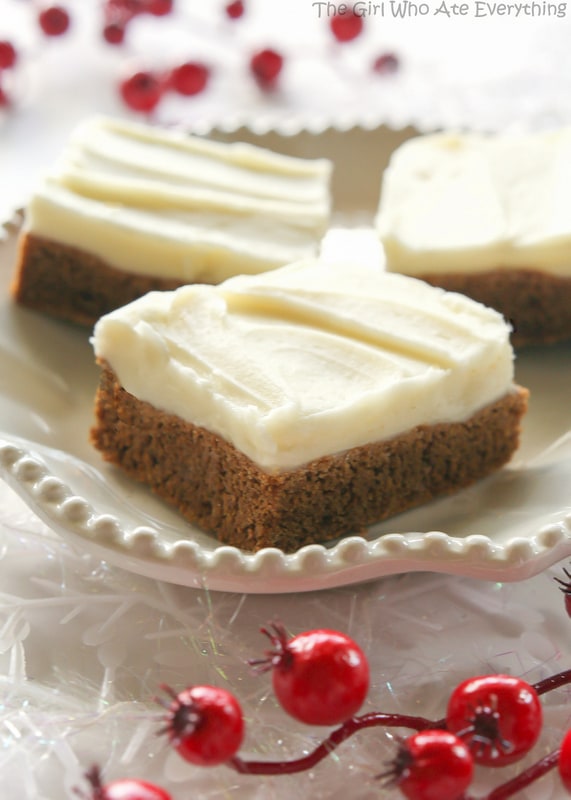 Gingerbread Cookie Bars - incredibly soft and chewy. Way easier than making gingerbread men. the-girl-who-ate-everything.com