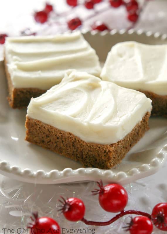 Gingerbread Cookie Bars - incredibly soft and chewy. Way easier than making gingerbread men. the-girl-who-ate-everything.com