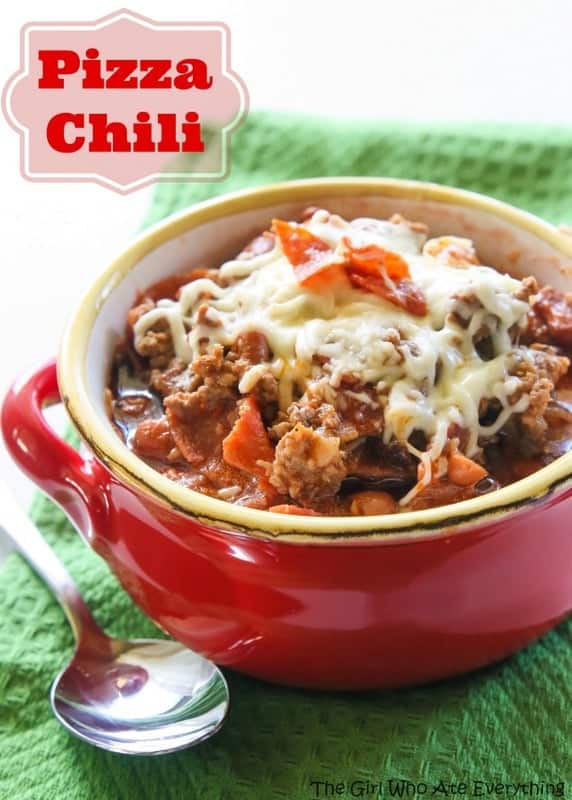 Pizza Chili - beef, sausage, pepperoni, and green peppers simmering in a salsa pizza sauce. the-girl-who-ate-everything.com