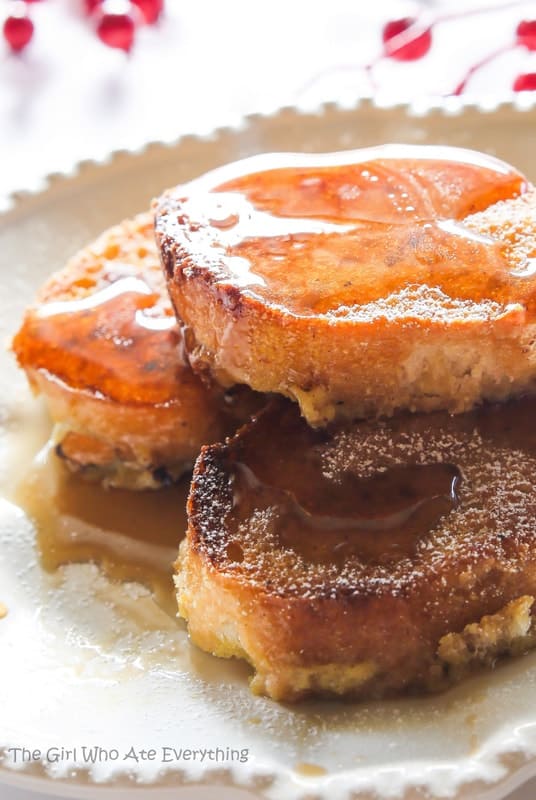 Eggnog French Toast - bread soaked overnight in an eggnog mixture and baked in the morning. the-girl-who-ate-everything.com