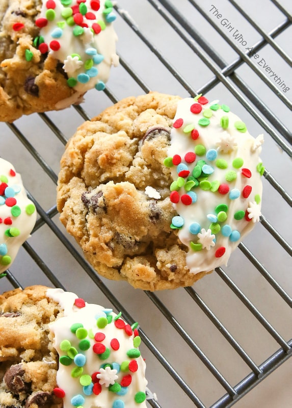 These bakery style cookies are full of chocolate chips and coconut. They have a crisp outside with a soft and chewy inside. the-girl-who-ate-everything.com